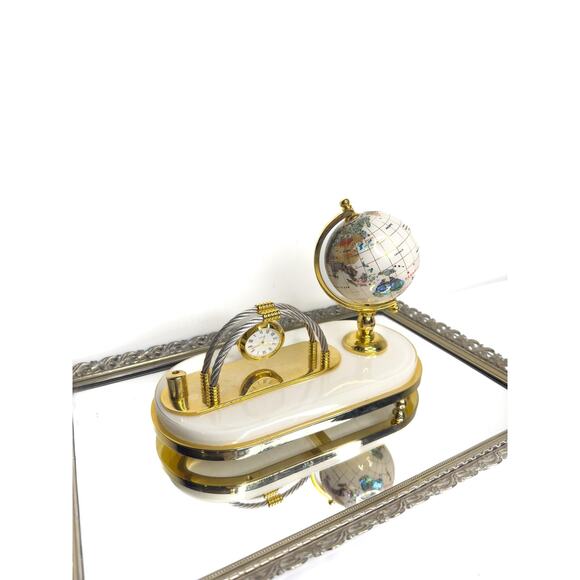 Vintage Semi-Precious Gemstone Globe with Clock Business Card & Pen Holder, Desk - Picture 1 of 10